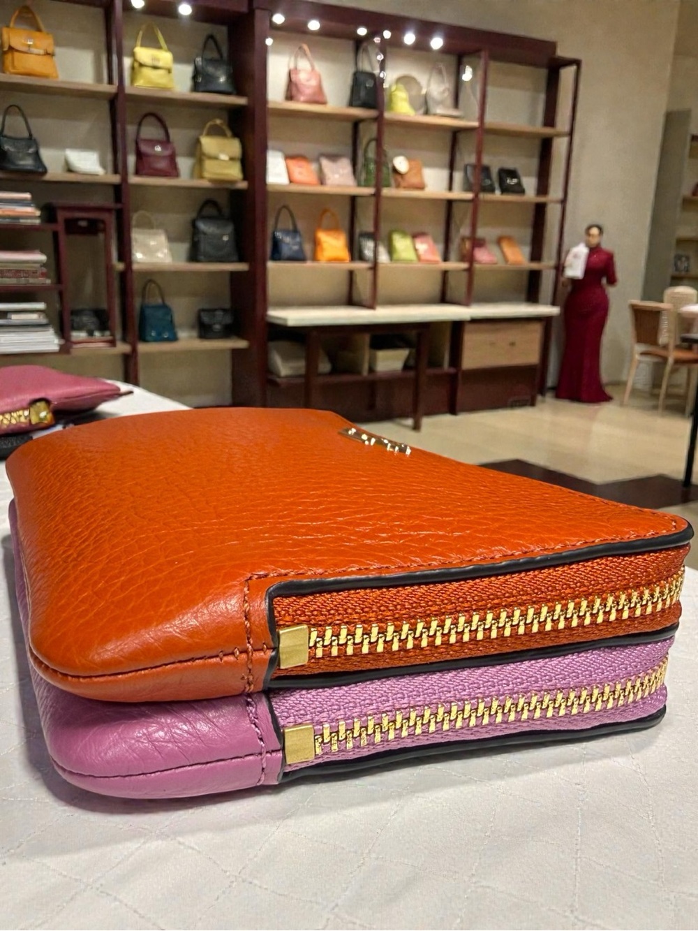 NWT Coach Pebbled Leather Double Zip Wristlet Colorblock Burnt Orange Pink $98 - Picture 11 of 15
